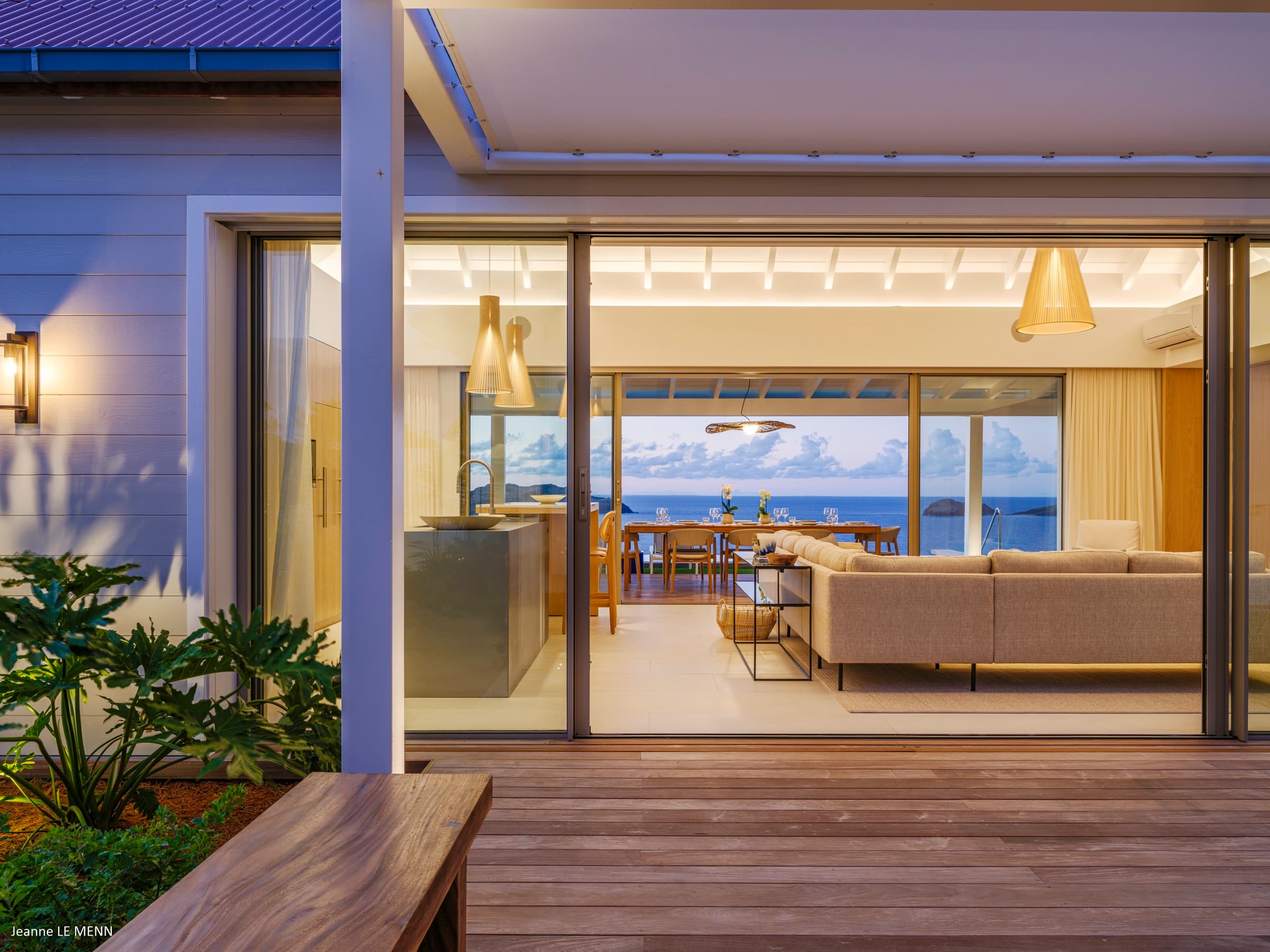 View from the passarelle toward the pool at sunset