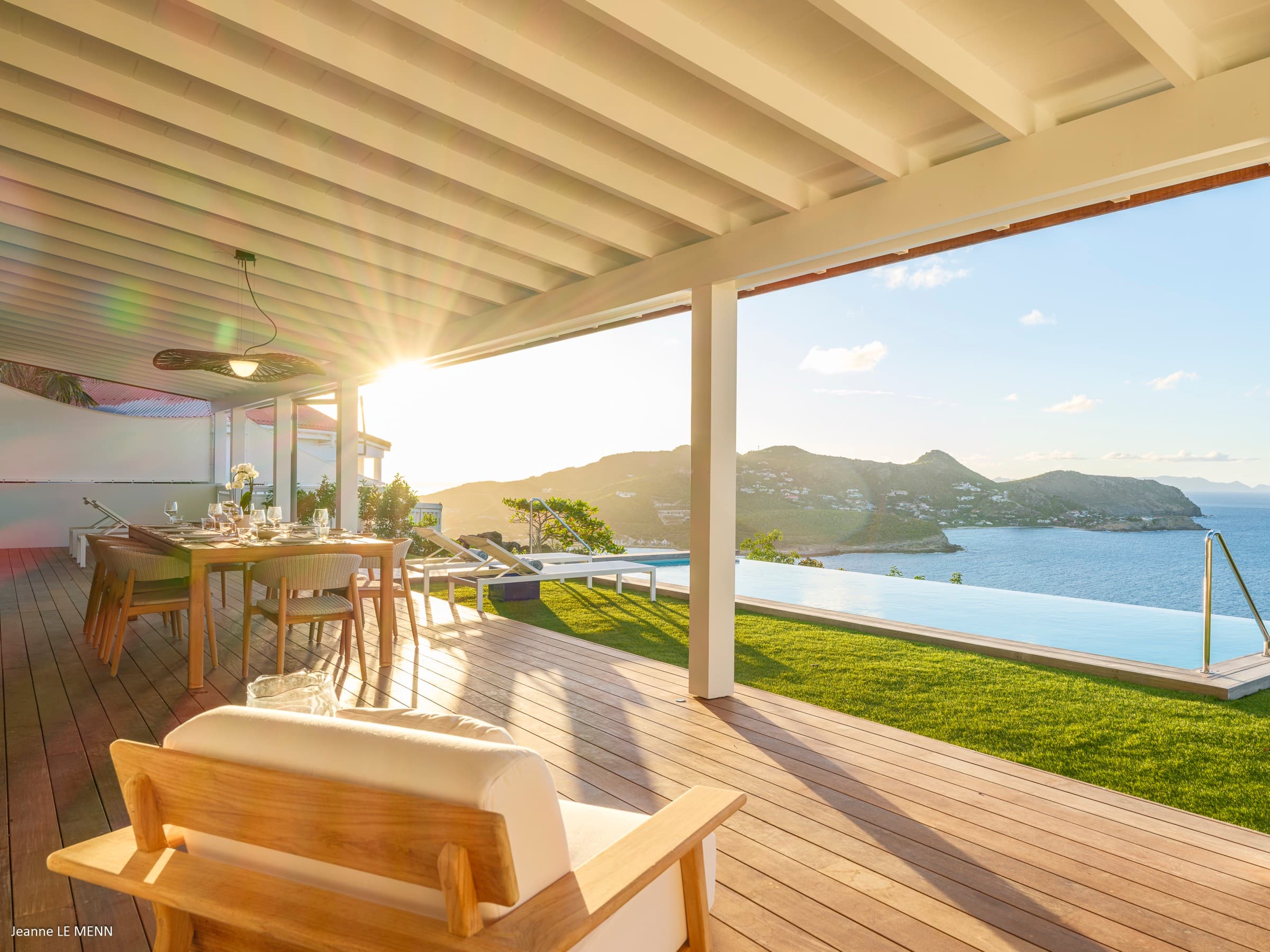 Terrace and pool at golden hour